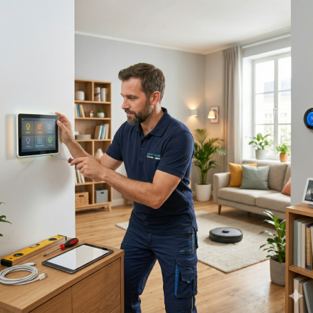 Smart Home Ein professioneller Handwerker installiert ein Smart-Home-Display an einer Wand in einem modern eingerichteten Wohnzimmer.