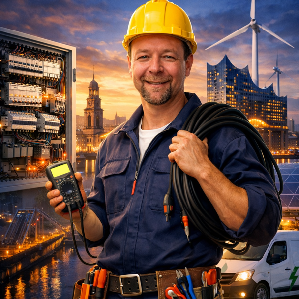 Elektro Böttcher Hamburg Ein Elektriker mit Kabel und Messgerät, lächelt vor einer Stadtlandschaft bei Sonnenuntergang.