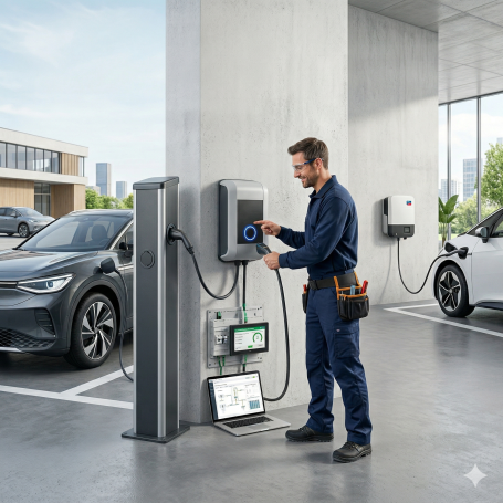 E-Ladestationen & Wallboxen Techniker installiert und konfiguriert diverse E-Auto-Ladestationen (Wallbox & Säule) in einer modernen Tiefgarage.
