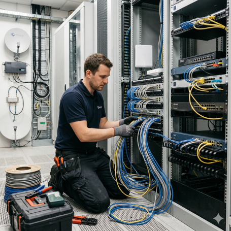 IT-Netzwerk Techniker bei Netzwerkverkabelung im Serverschrank; LAN WLAN & Satellitentechnik für IT-Infrastruktur.
