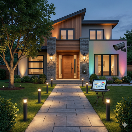 Beleuchtung & Lichttechnik Hausfassade mit smarter Außenbeleuchtung, LED-Lichtkonzepten, Gartenlicht und installierter Not- sowie Sicherheitsbeleuchtung.